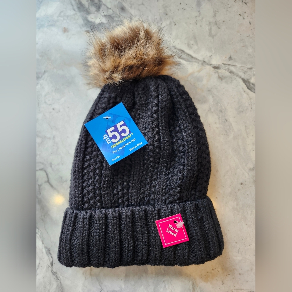 Stylish Black Knit Kids Beanie with Faux Fur Pom